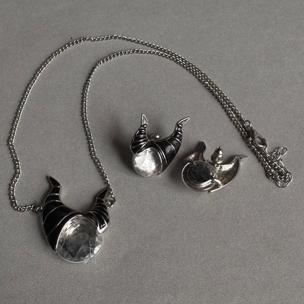 Disney Maleficent Horns Necklace and Earrings Jewelry Set Black Silver Tone - Picture 2 of 4